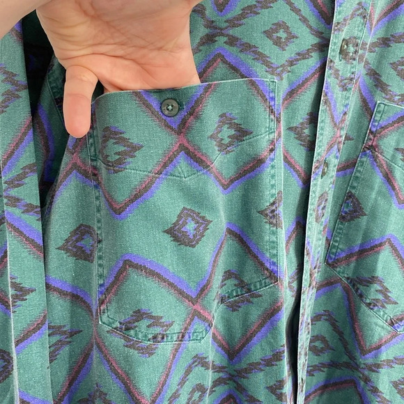 Larry Mahan Button Down Shirt Mens Size Large Green Blue Vintage Rodeo Geometric - Picture 3 of 11